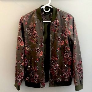 Floral and Olive Green Bomber Jacket - Medium